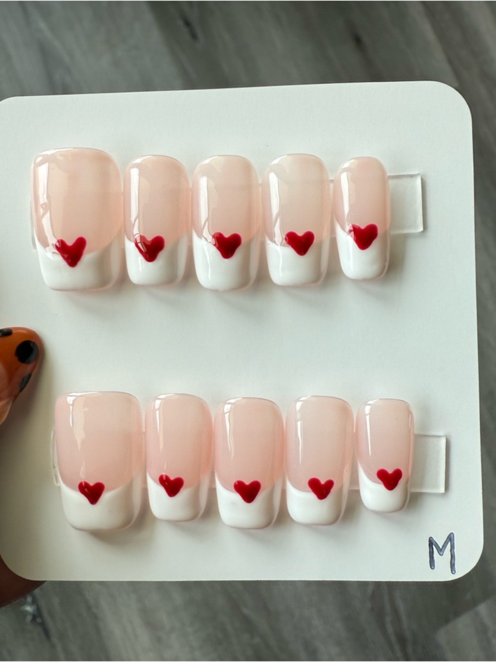 Press-On Nude French Nails with Red Heart Accent - Women Makeup Press-On Nails